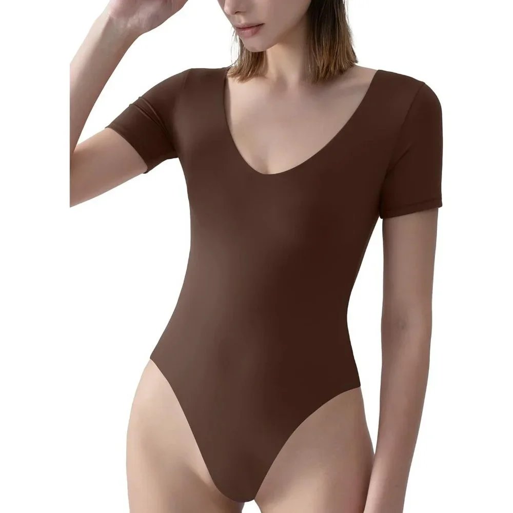 Women's Brown V Neck Short Sleeve Bodysuit Sexy Tops Sharp Collection - Picture 3 of 5